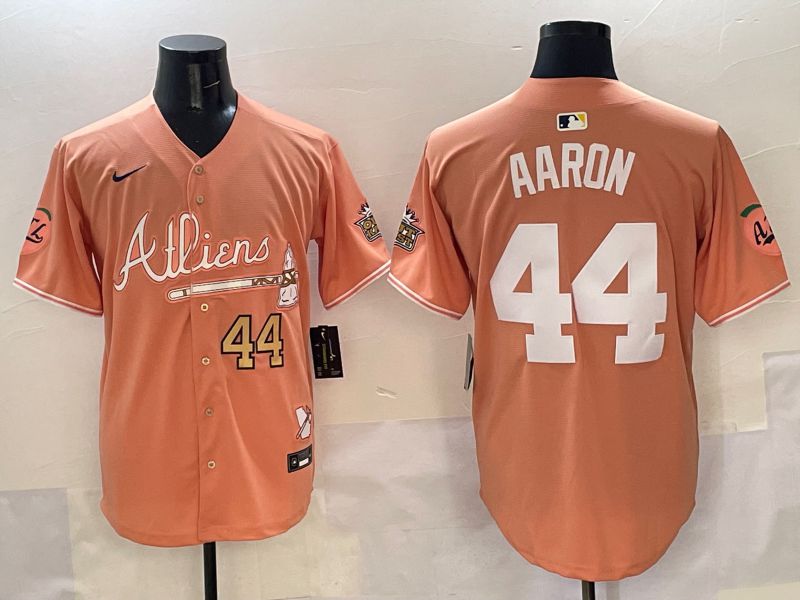 Men Atlanta Braves #44 Aaron Orange Five generations Joint Name 2025 Nike MLB Jersey style 3